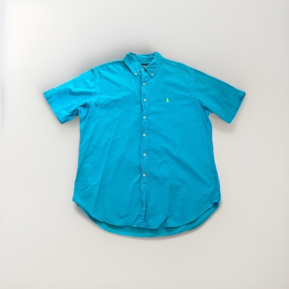 Ralph Lauren Shirt Men Large Teal Neon Pony Short Sleeve Button Down Classic Fit